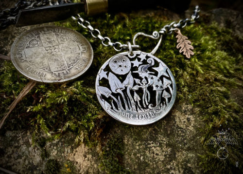 magic mushroom shroom gathering pixie necklace coin pendant