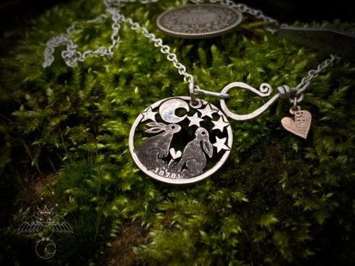moon gazing hares in love necklace pendant lovingly handcrafted from an ethically recycled, repurposed 100 year old silver shilling