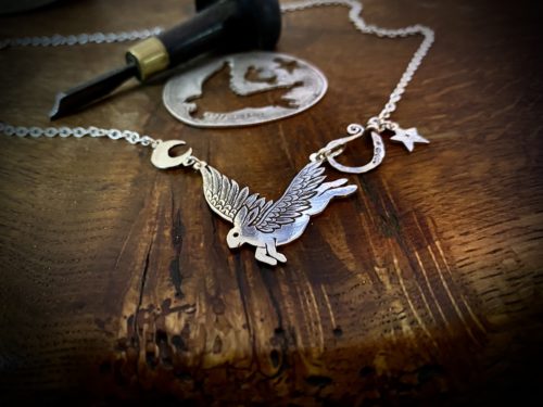 Handmade and upcycled sterling silver flying rabbit hare necklace