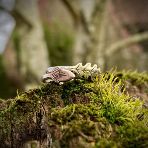 wee oak leaf and acorn rings made from recycled silver, bronze and copper.