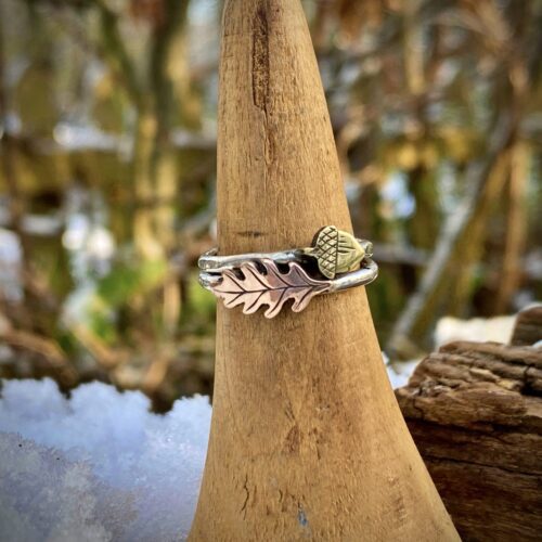 acorn and oak leaf jewellery, silver copper and bronze rings made from ethical recycled raw materials. Precious, lovely keepsake jewellery