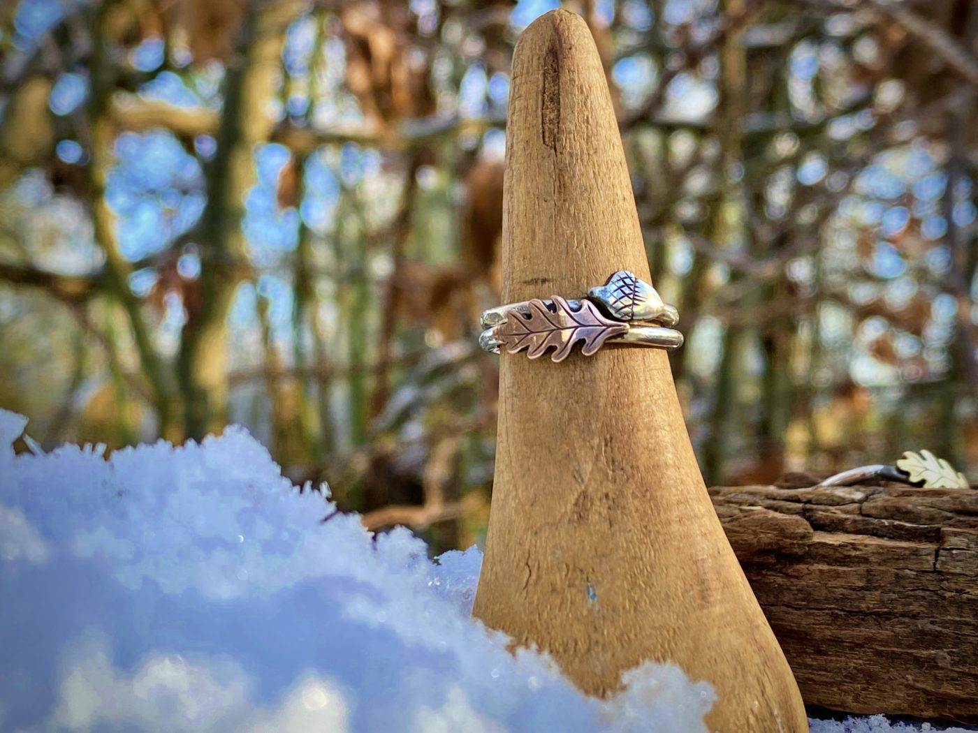 acorn and oak leaf jewellery, silver copper and bronze rings made from ethical recycled raw materials. Precious, lovely keepsake jewellery