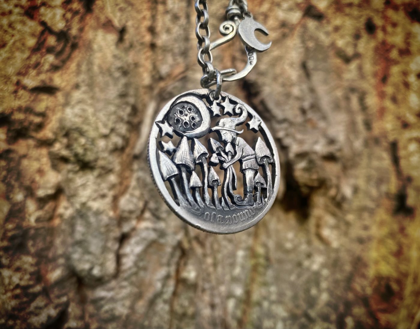 magic mushroom shroom gathering pixie necklace coin pendant