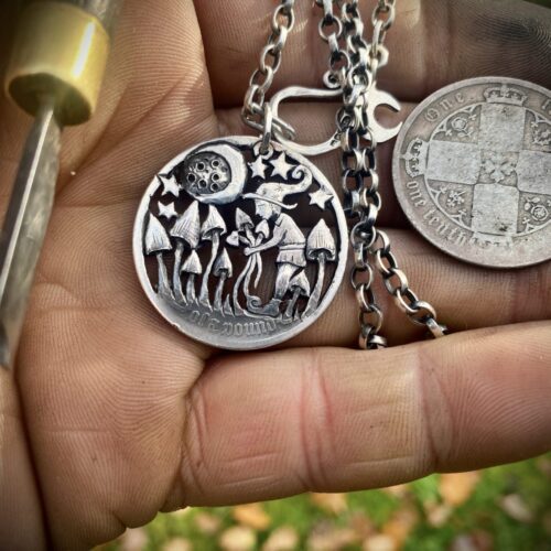 magic mushroom shroom gathering pixie necklace coin pendant