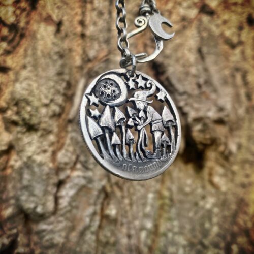 magic mushroom shroom gathering pixie necklace coin pendant