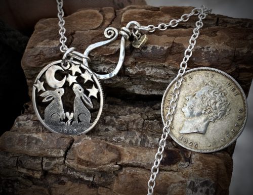 moon gazing hares in love necklace pendant lovingly handcrafted from an ethically recycled, repurposed 100 year old silver shilling