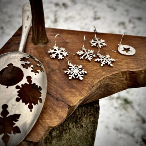 handcrafted and recycled antique spoon snowflake earrings