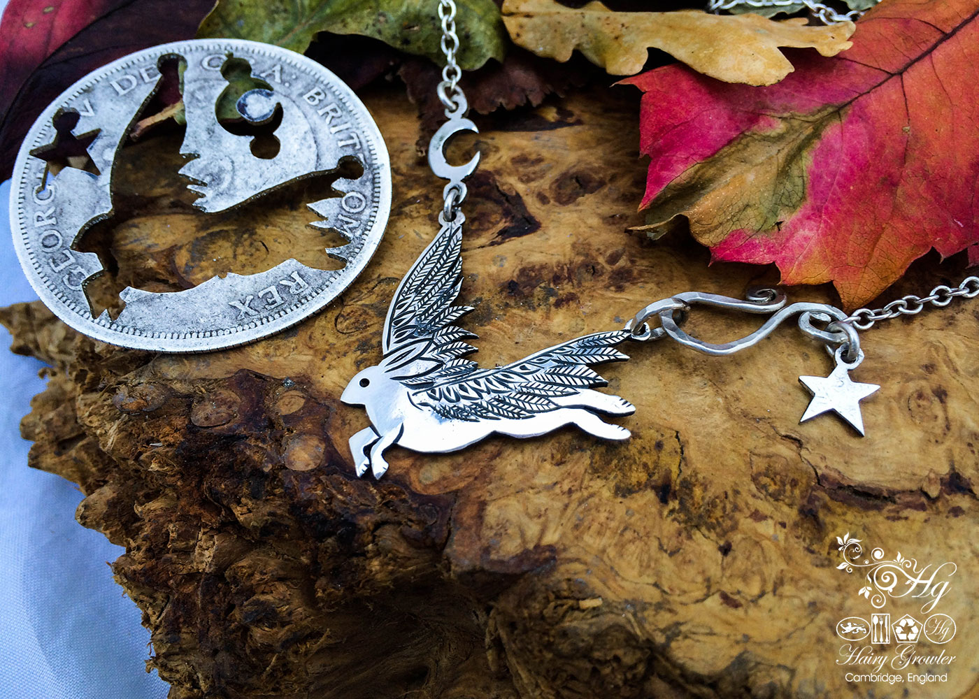 Handcrafted and recycled sterling silver flying rabbit hare necklace