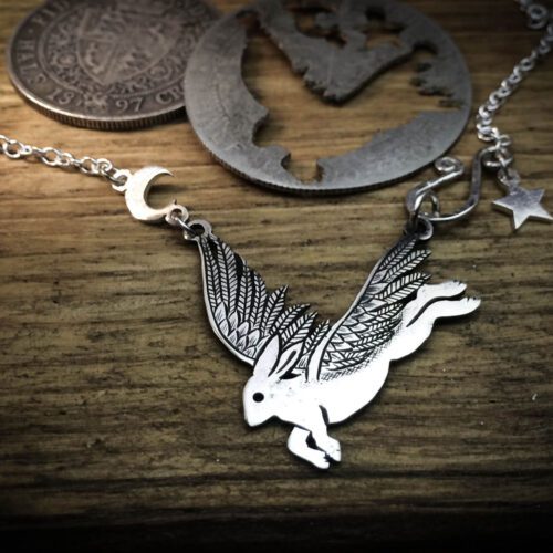 Handmade and upcycled sterling silver flying rabbit hare necklace