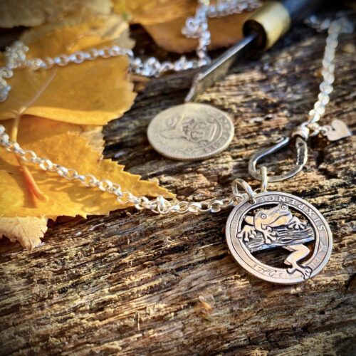 Handcrafted and recycled silver sixpence coin frog pendant necklace
