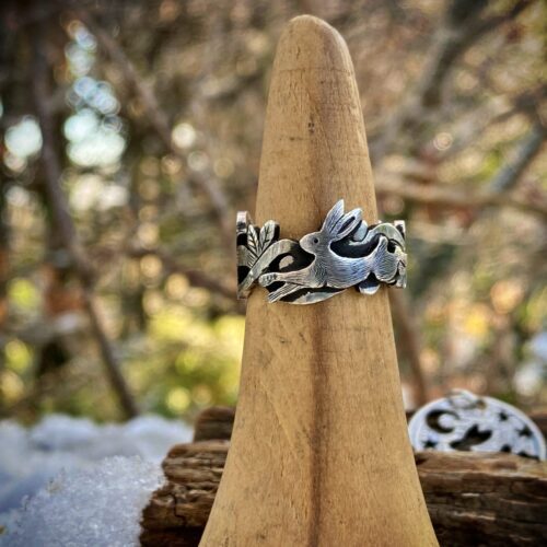 I love the way it feels to be you silver leaping hare and tweet bird silver ring