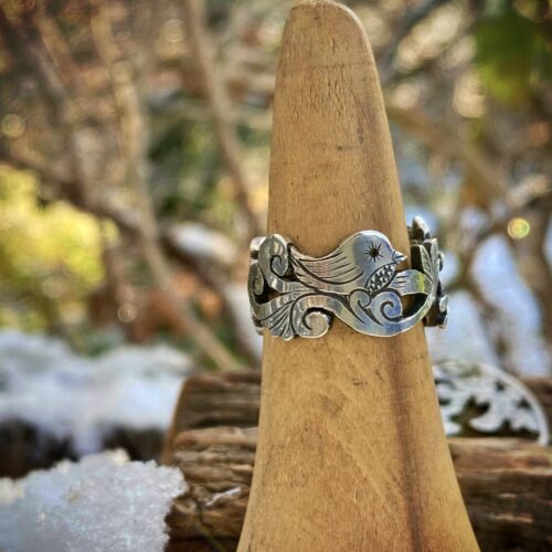I love the way it feels to be you silver leaping hare and tweet bird silver ring