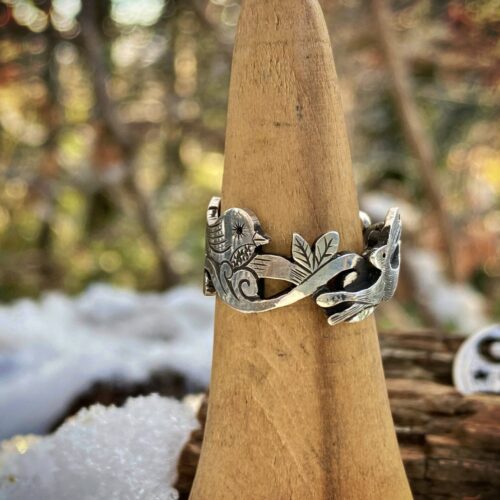 I love the way it feels to be you silver leaping hare and tweet bird silver ring