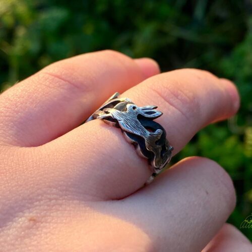 I love the way it feels to be you silver leaping hare and tweet bird silver ring