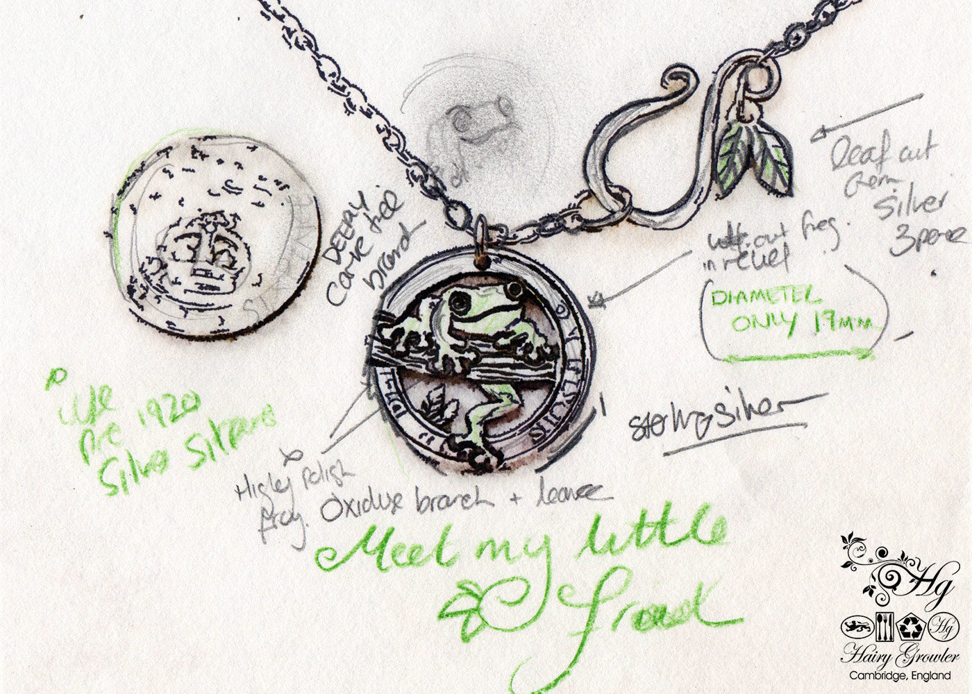 Hand crafted and repurposed silver sixpence coin frog pendant necklace