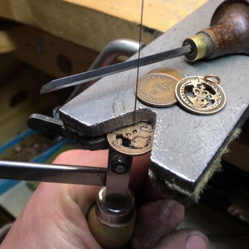 Hand cut halfpenny queen bird coin pendant necklace made in the Hg workshop