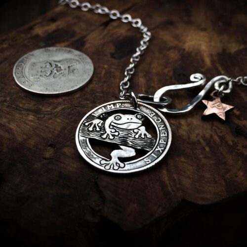 Handcrafted and recycled silver sixpence coin frog pendant necklace