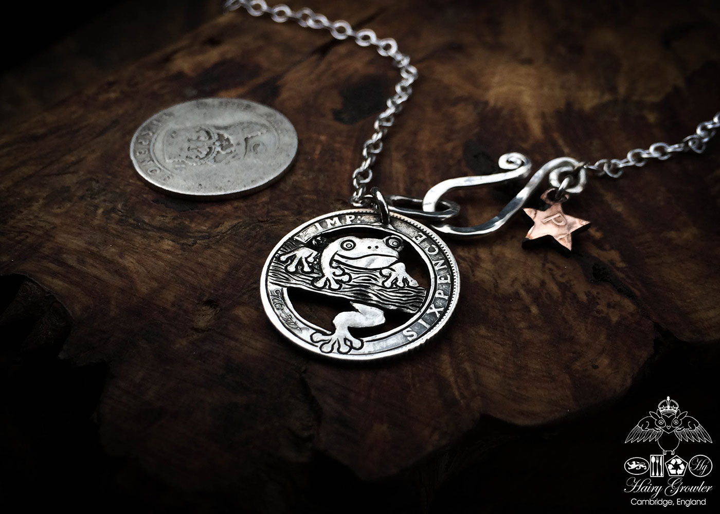 Handcrafted and recycled silver sixpence coin frog pendant necklace