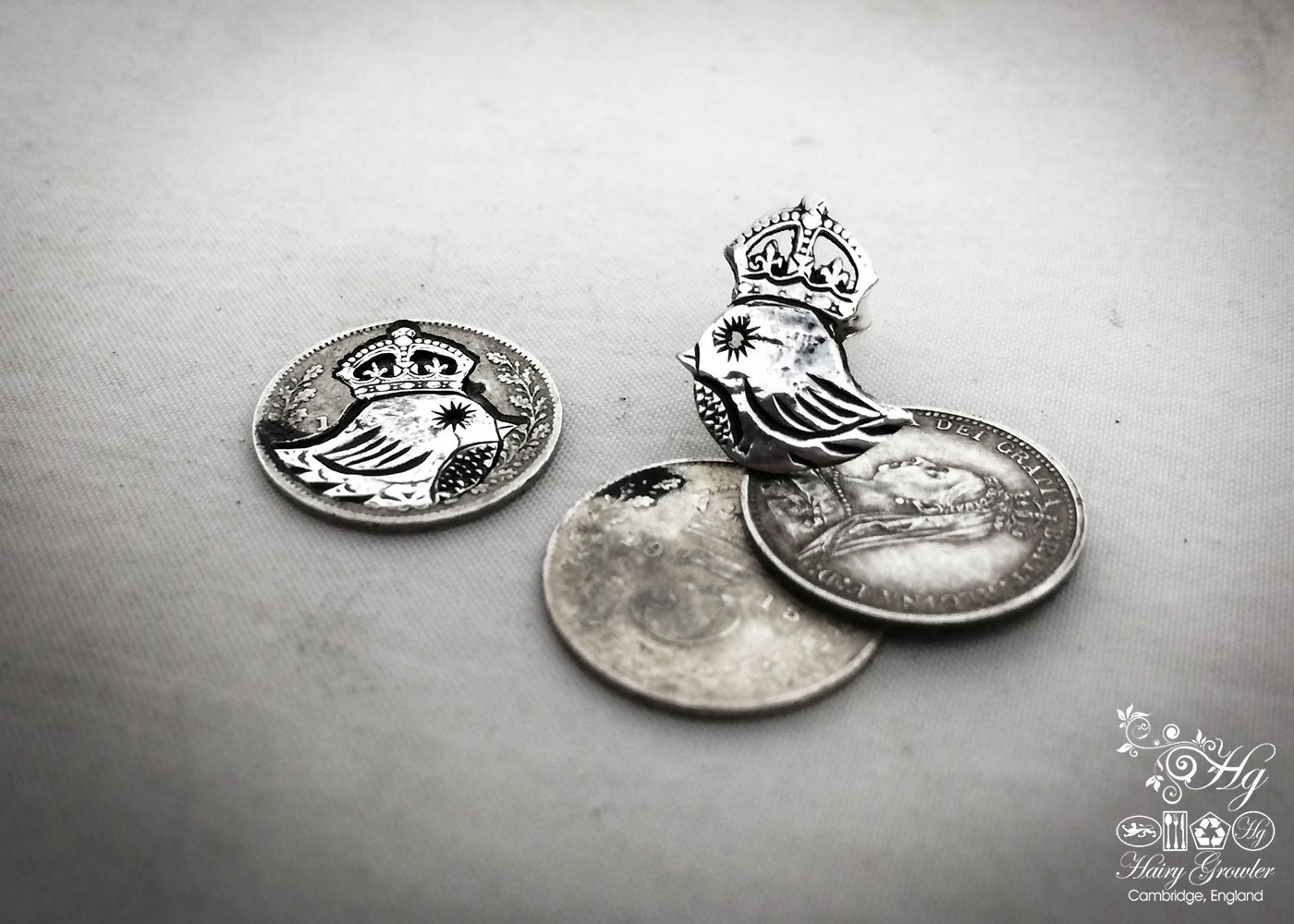 homemade and repurposeded silver threepence coin teeny weeny bird queen earrings