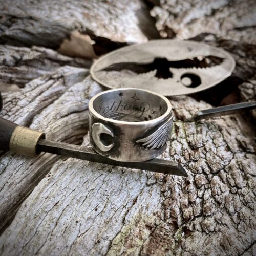 Beautiful nature inspired silver recycled jewellery barn owl ring made from silver coins