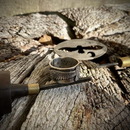 Beautiful nature inspired silver recycled jewellery barn owl ring made from silver coins