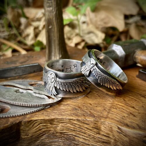 Beautiful nature inspired silver recycled jewellery barn owl ring made from silver coins