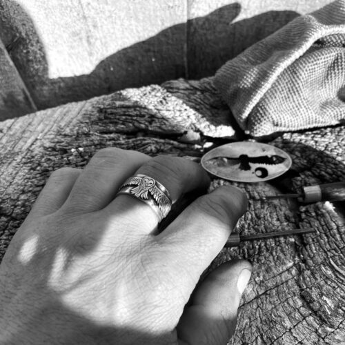 Beautiful nature inspired silver recycled jewellery barn owl ring made from silver coins