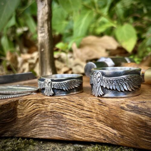 Beautiful nature inspired silver recycled jewellery barn owl ring made from silver coins