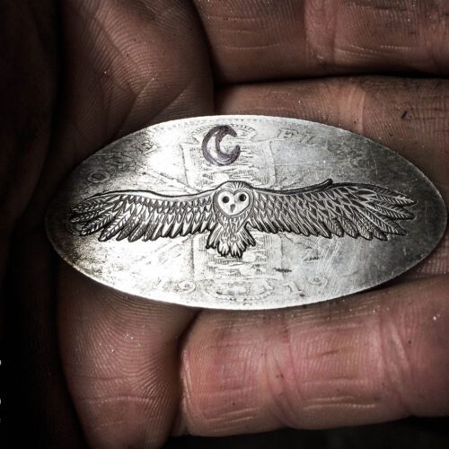 Beautiful nature inspired silver recycled jewellery barn owl ring made from silver coins