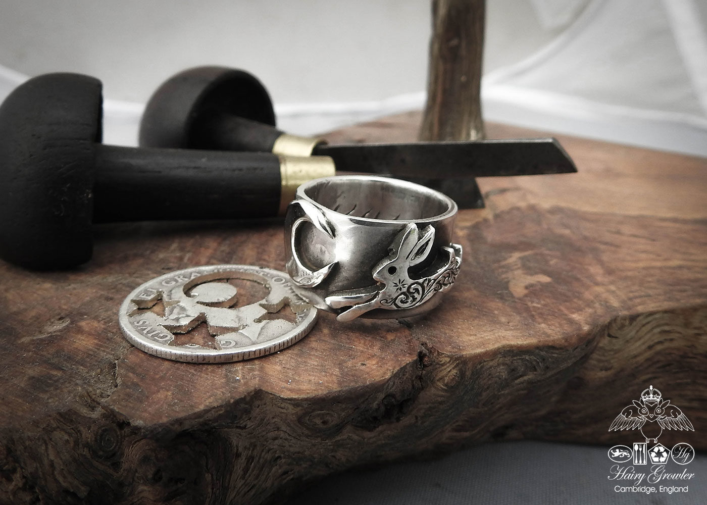 handmade, recycled, repurposed and upcycled leaping hare ring