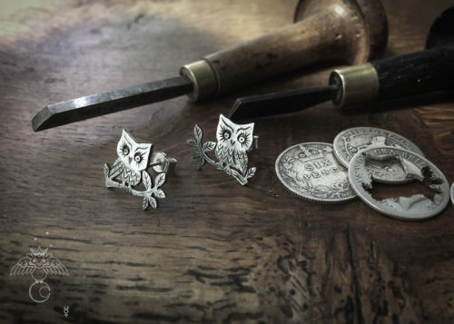 Owl earrings handmade and recycled from silver coins. Each pair is completely unique, ethical and original