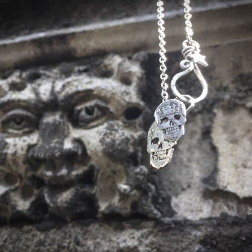 skull necklace handmade coin jewellery. Independent jeweller artisan studio creating ethical jewellery