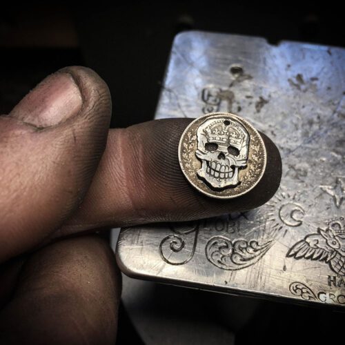 skull necklace handmade coin jewellery. Independent jeweller artisan studio creating ethical jewellery