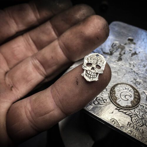 skull necklace handmade coin jewellery. Independent jeweller artisan studio creating ethical jewellery