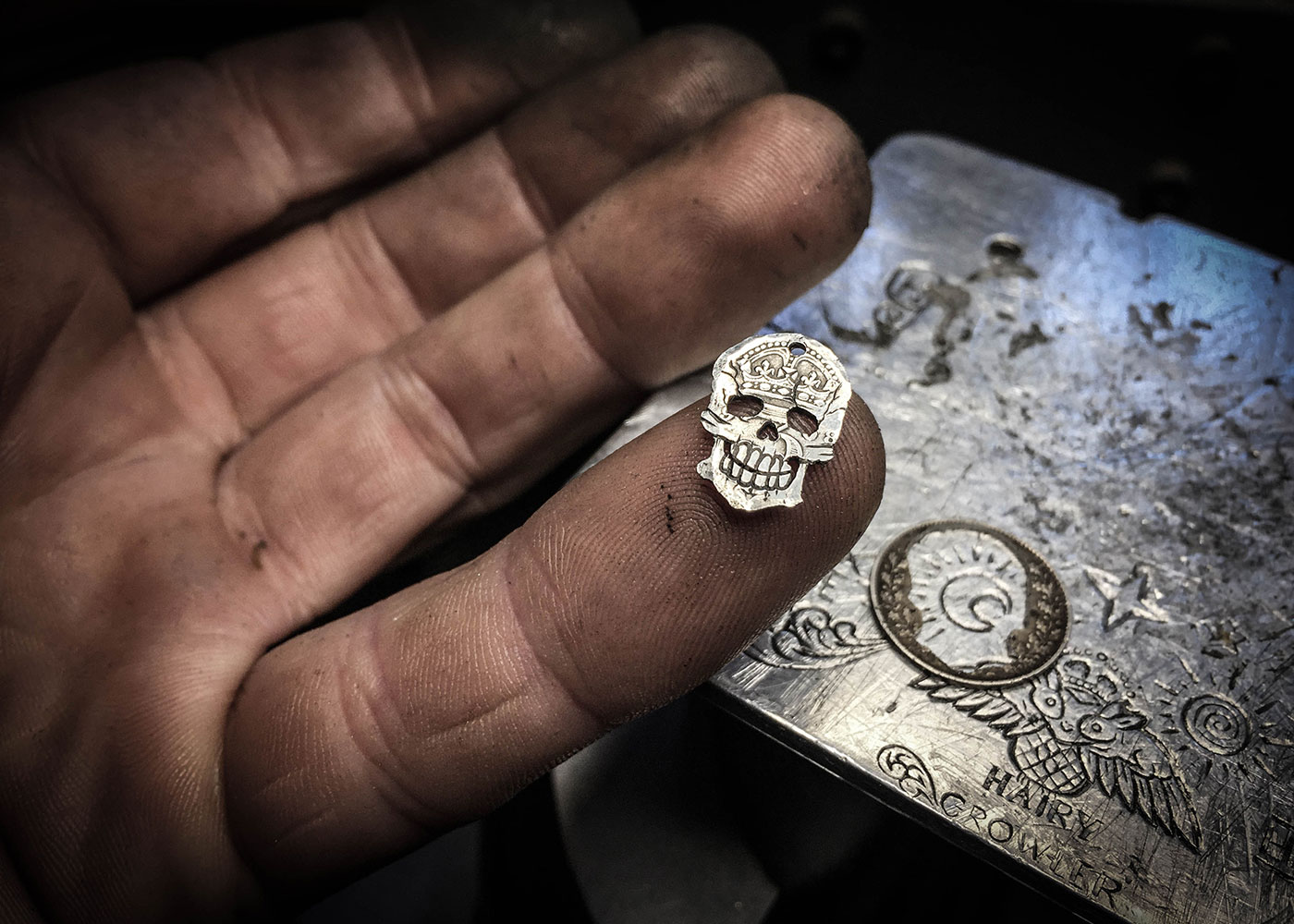 skull necklace handmade coin jewellery. Independent jeweller artisan studio creating ethical jewellery