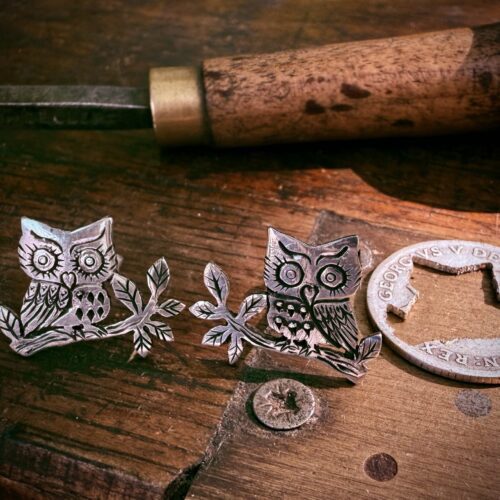 Owl earrings handmade and recycled from silver coins. Each pair is completely unique, ethical and original
