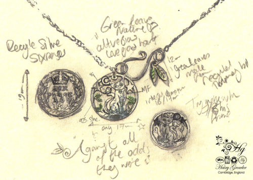 Handcrafted and recycled silver sixpence coin cat and bird pendant necklace