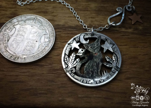 Handcrafted and recycled silver half crown coin cat and bird pendant necklace