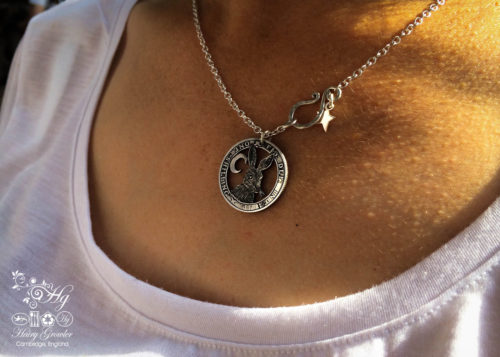 Handmade and repurposed silver shilling The Silver Shilling collection. silver hare necklace totally handcrafted and recycled from old sterling silver shilling coins. Designed and created by Hairy Growler Jewellery, Cambridge, UK. necklace