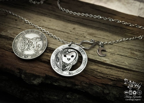 Handmade and recycled silver shilling The Silver Shilling collection. silver owl necklace totally handcrafted and recycled from old sterling silver shilling coins. Designed and created by Hairy Growler Jewellery, Cambridge, UK. necklace
