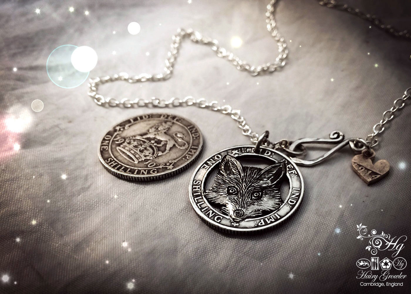Hand crafted and upcycled silver shilling The Silver Shilling collection. silver fox necklace totally handcrafted and recycled from old sterling silver shilling coins. Designed and created by Hairy Growler Jewellery, Cambridge, UK. necklace
