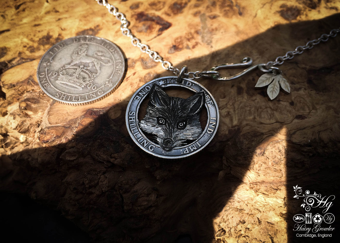 Handcrafted and recycled silver shilling The Silver Shilling collection. silver fox necklace totally handcrafted and recycled from old sterling silver shilling coins. Designed and created by Hairy Growler Jewellery, Cambridge, UK. necklace