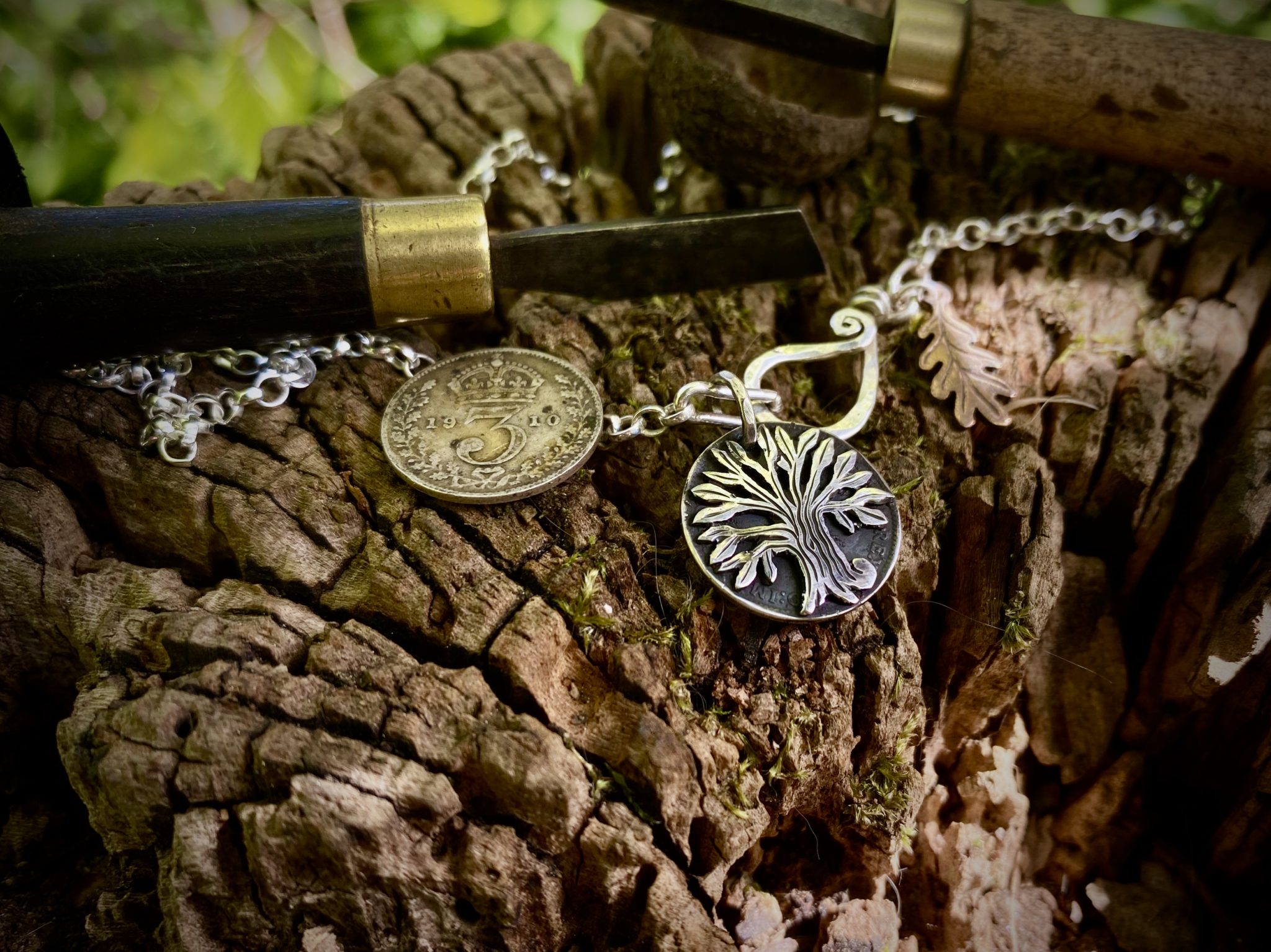 Tree necklace pendant - Recycled silver threepence coins