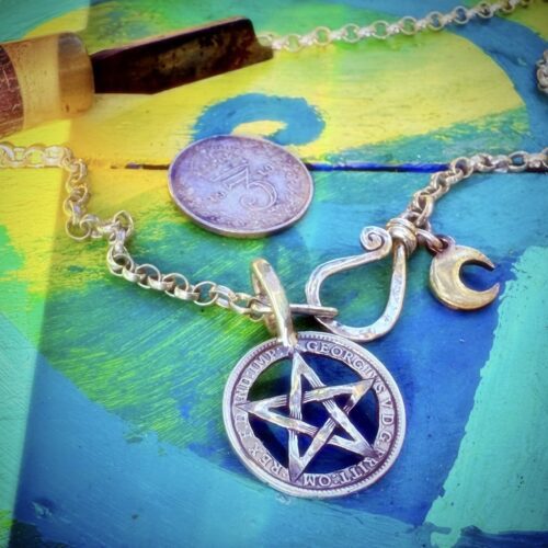 handmade, upcycled, contemporary and original silver coin pentagram necklace pendant