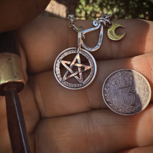 handmade, upcycled, contemporary and original silver coin pentacle necklace pendant