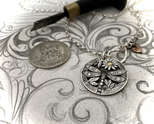 Handcrafted and recycled silver shilling The Silver Shilling collection. silver Dragonfly necklace totally handcrafted and recycled from old sterling silver shilling coins. Designed and created by Hairy Growler Jewellery, Cambridge, UK. necklace