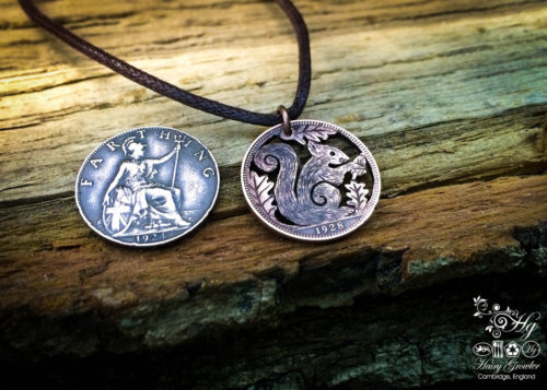 Handcrafted and recycled Farthing coin squirrel pendant necklace