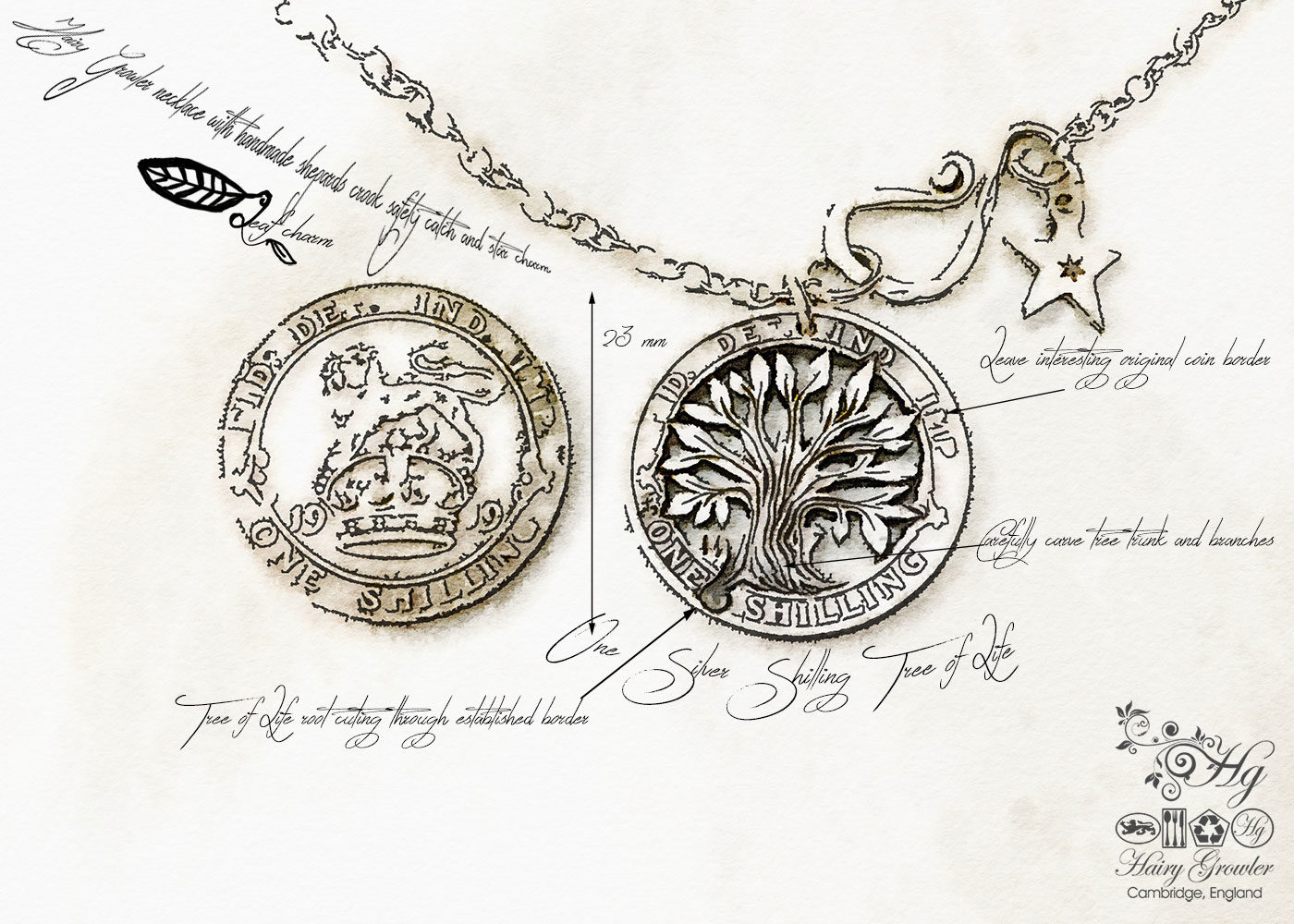 The Silver Shilling collection. silver tree-of-life necklace totally handcrafted and recycled from old sterling silver shilling coins. Designed and created by Hairy Growler Jewellery, Cambridge, UK