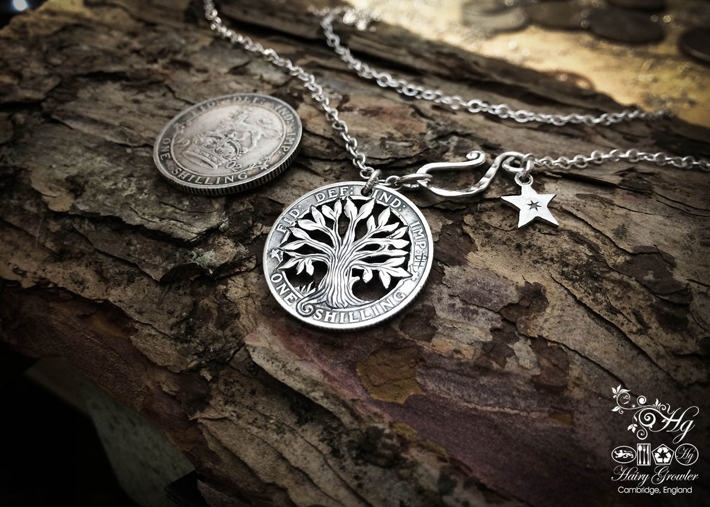 The Silver Shilling collection. silver tree-of-life necklace totally handcrafted and recycled from old sterling silver shilling coins. Designed and created by Hairy Growler Jewellery, Cambridge, UK