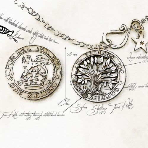 The Silver Shilling collection. silver tree-of-life necklace totally handcrafted and recycled from old sterling silver shilling coins. Designed and created by Hairy Growler Jewellery, Cambridge, UK